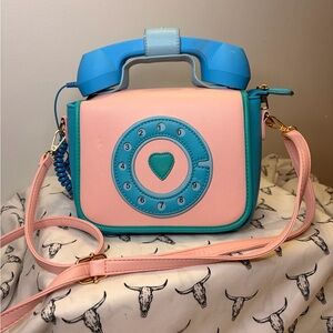Retro Telephone Design Pink and Blue Handbag